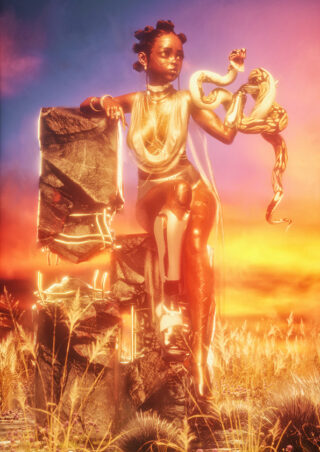 Young goddess holding golden serpent and leaning against rock against purple sky